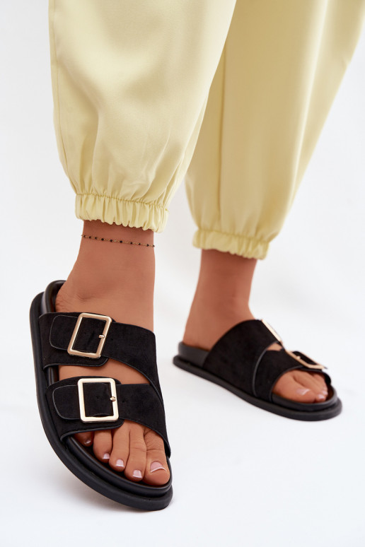 Zwarte faux suede slippers met gouden gespen Selissea