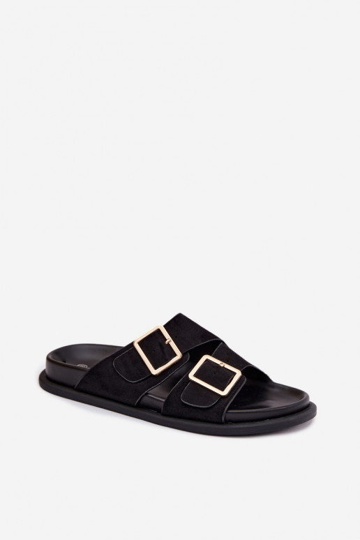 Zwarte faux suede slippers met gouden gespen Selissea