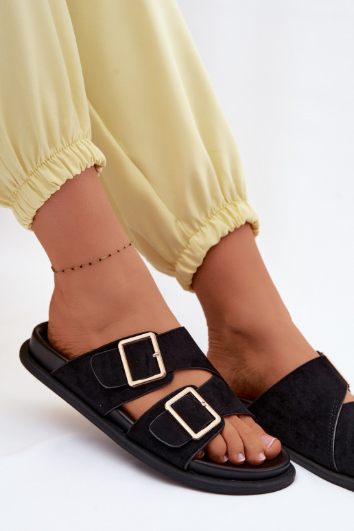 Zwarte faux suede slippers met gouden gespen Selissea
