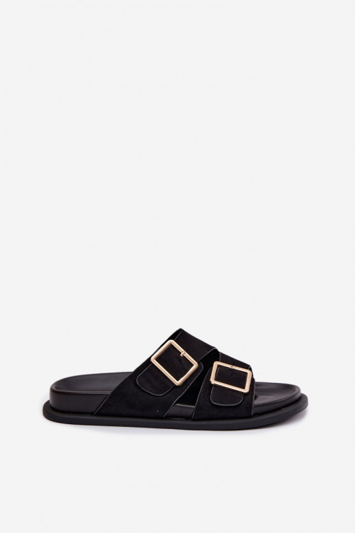 Zwarte faux suede slippers met gouden gespen Selissea
