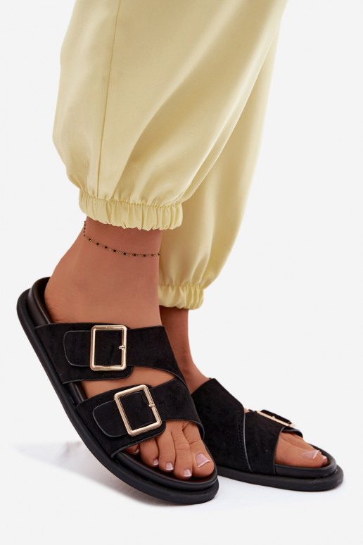 Zwarte faux suede slippers met gouden gespen Selissea