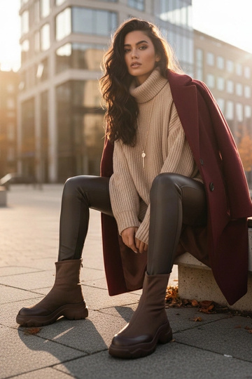 Bruine enkellaarsjes van faux suede met chunky zool Alana 2