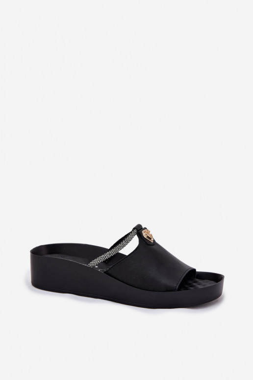 Zwarte dames leren slippers met versierde hakken KV51-034