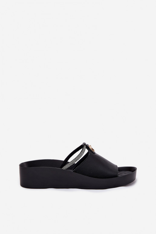 Zwarte dames leren slippers met versierde hakken KV51-034