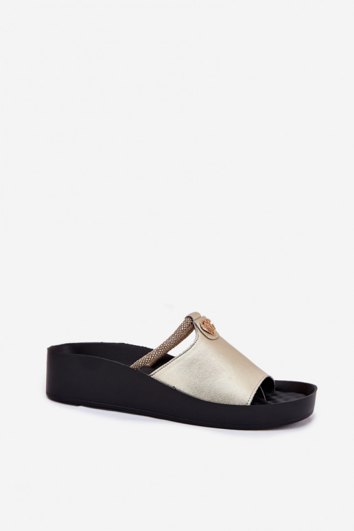 Gouden dames leren slippers met versierde hakken KV51-034