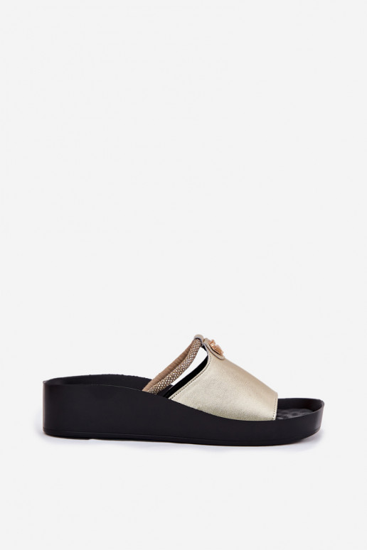 Gouden dames leren slippers met versierde hakken KV51-034