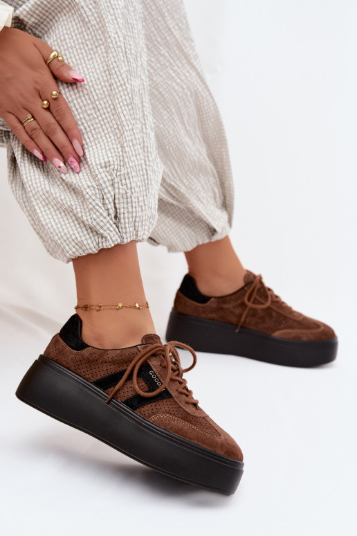 Sneakers model schoenen Dames met platform Met perforatie bruine kleur Umbry