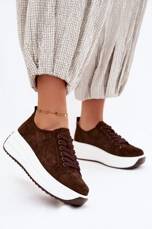 Leer van suède Sneakers model schoenen Dames met platform CzekoladoIne Inaya