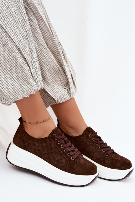 Leer van suède Sneakers model schoenen Dames met platform CzekoladoIne Inaya