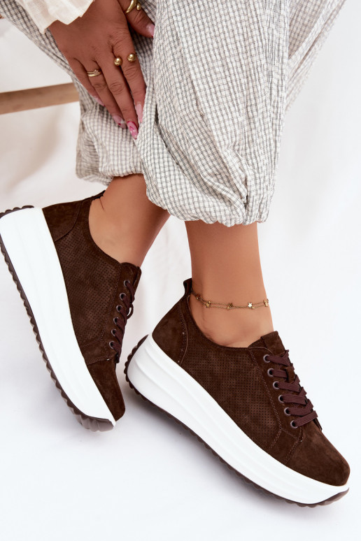 Leer van suède Sneakers model schoenen Dames met platform CzekoladoIne Inaya