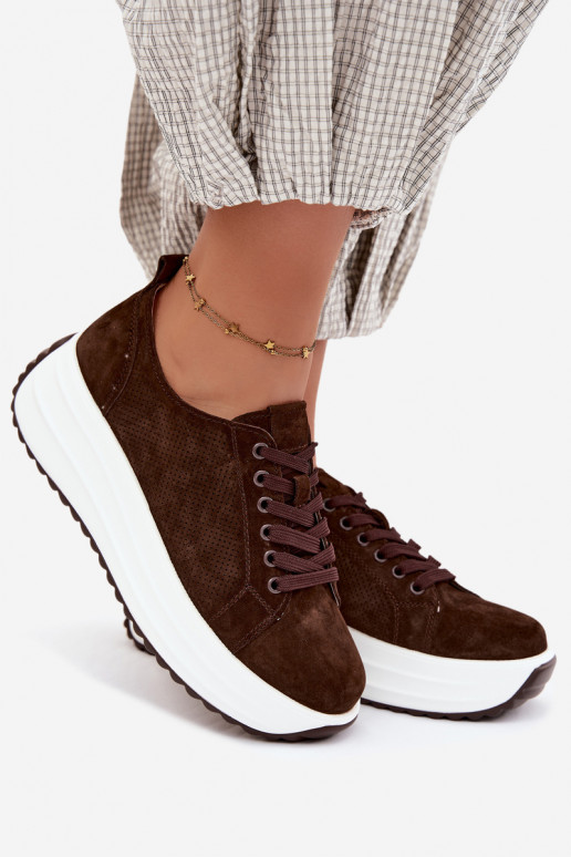 Leer van suède Sneakers model schoenen Dames met platform CzekoladoIne Inaya