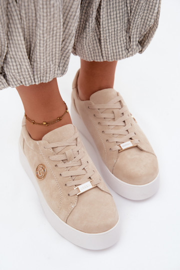 Zandkleurige dames sneakers van faux suede met platform Dainty
