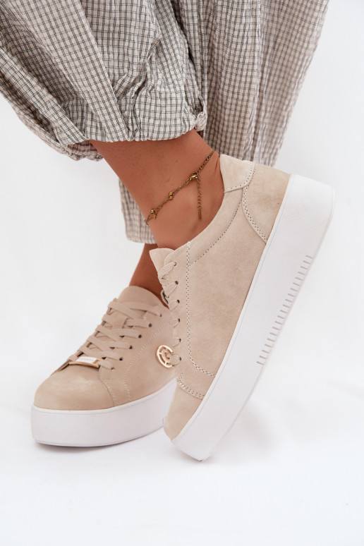 Zandkleurige dames sneakers van faux suede met platform Dainty