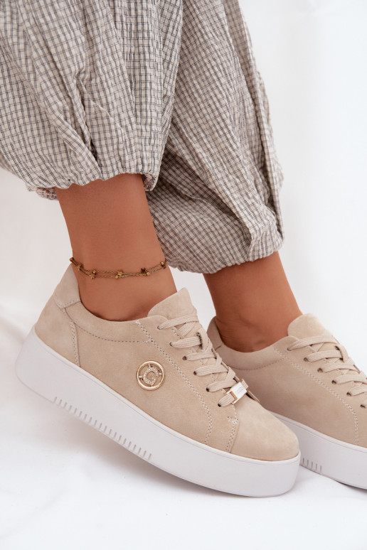 Zandkleurige dames sneakers van faux suede met platform Dainty
