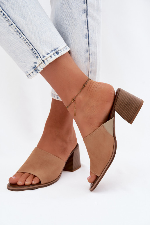 Leer Dames suède pantoffels met hakken Zazoo 40519 beige