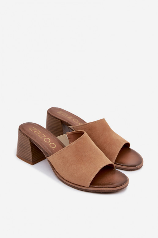 Leer Dames suède pantoffels met hakken Zazoo 40519 beige