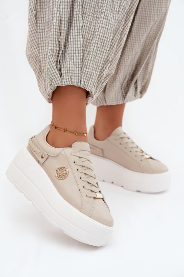 Leer Sneakers model schoenen Dames met platform D&A LR61-7095 beige