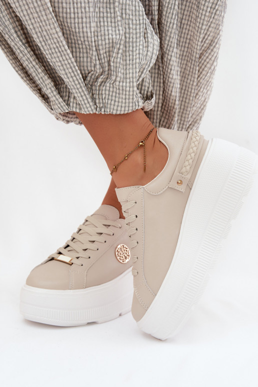 Faux leren sneakers met platform voor dames D&A LR61-7095 in zandkleur