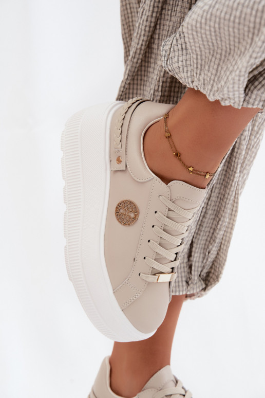 Faux leren sneakers met platform voor dames D&A LR61-7095 in zandkleur