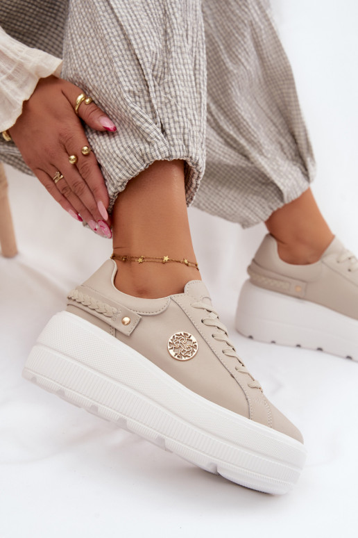 Faux leren sneakers met platform voor dames D&A LR61-7095 in zandkleur