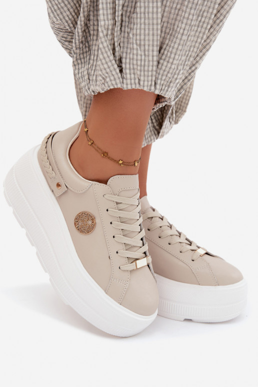 Faux leren sneakers met platform voor dames D&A LR61-7095 in zandkleur
