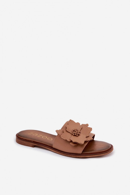 Leren slippers voor dames met ornamenten Zazoo 40477 in cappuccino kleur