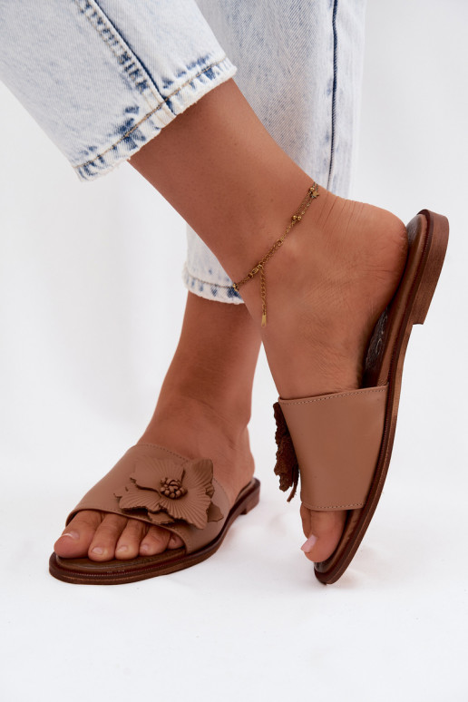 Leren slippers voor dames met ornamenten Zazoo 40477 in cappuccino kleur