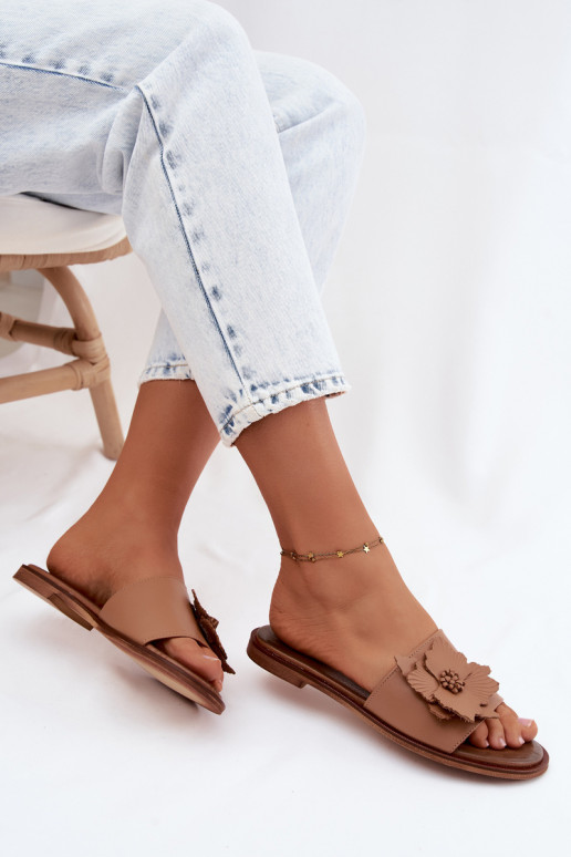 Leren slippers voor dames met ornamenten Zazoo 40477 in cappuccino kleur