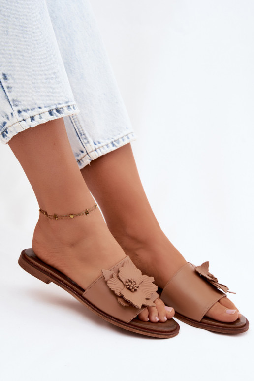 Leren slippers voor dames met ornamenten Zazoo 40477 in cappuccino kleur