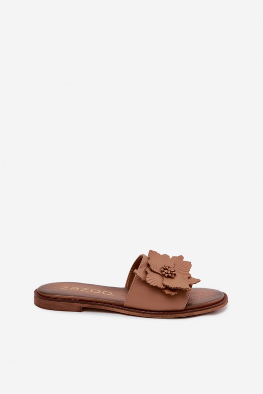 Leren slippers voor dames met ornamenten Zazoo 40477 in cappuccino kleur