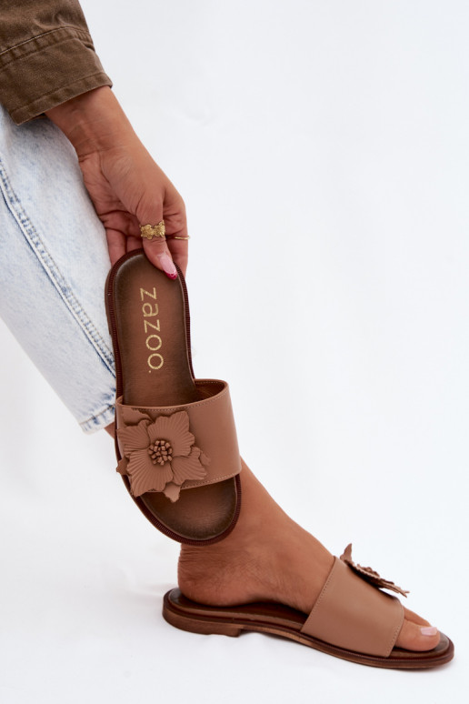 Leren slippers voor dames met ornamenten Zazoo 40477 in cappuccino kleur