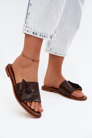 Leren slippers voor dames met ornamenten Zazoo 40477 in chocolade kleur 2