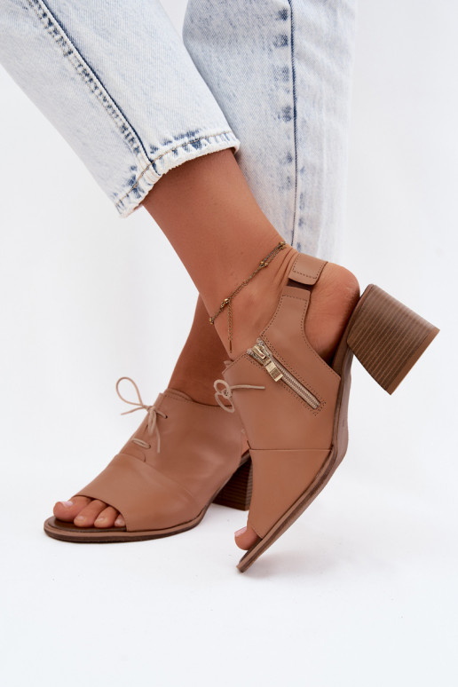 Leren hoge hakken sandalen met stijlvolle details Zazoo 40523 in cappuccino kleur