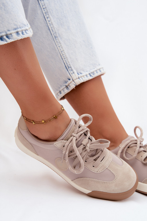 Suède sneakers voor dames met dubbele veters Big Star UU274001 in zandkleur