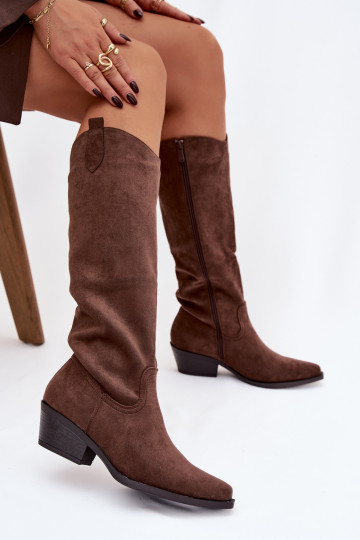 Bruine faux suede cowboy-stijl enkellaarsjes met hakken Esmira 2