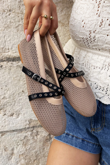 Mesh ballerina's met bandjes in zand Salliroe 2