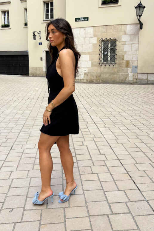 Dames slippers met dunne hakken en strikken in blauwe faux suede Tai turignolia
