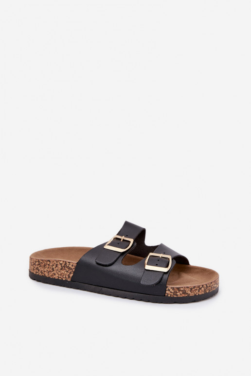 Zwarte dames slippers met gespen van kunstleer Iskira