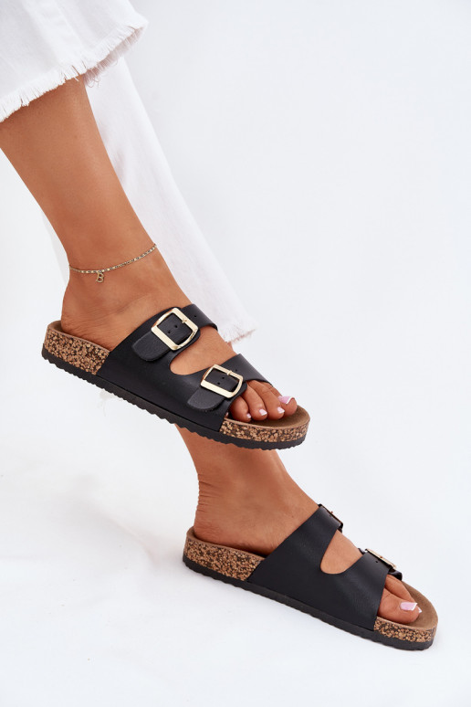 Zwarte dames slippers met gespen van kunstleer Iskira