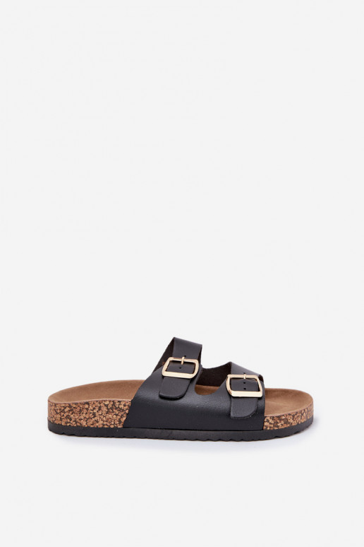 Zwarte dames slippers met gespen van kunstleer Iskira