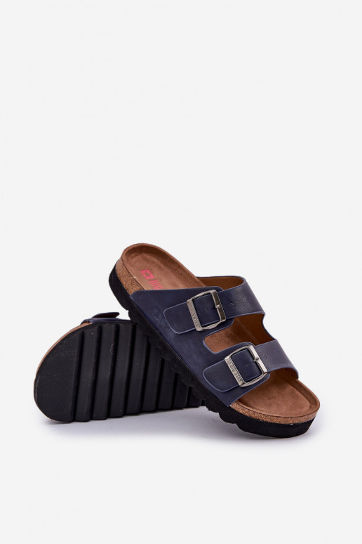 Lichte heren slippers met gespen van eco-leer Big Star NN174530 donkerblauwe kleur
