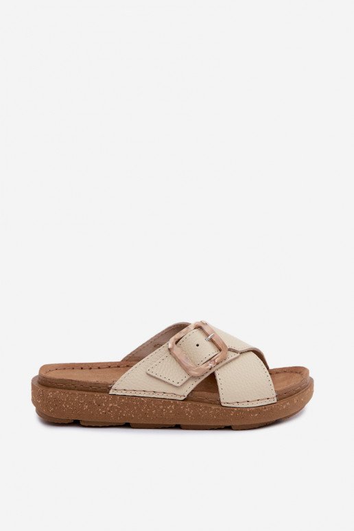 Zandkleurige dames leren slippers met gespen Inblu ED0003IU