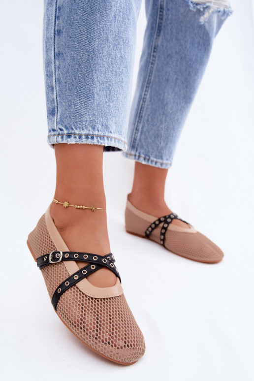 Mesh ballerina's met bandjes in zand Salliroe