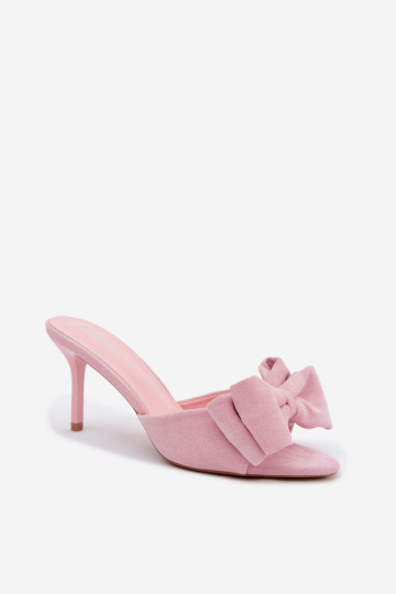 Roze dameslippers met dunne hakken en strikken van faux suede Tai turignolia 2