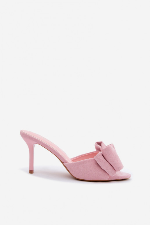 Roze dameslippers met dunne hakken en strikken van faux suede Tai turignolia
