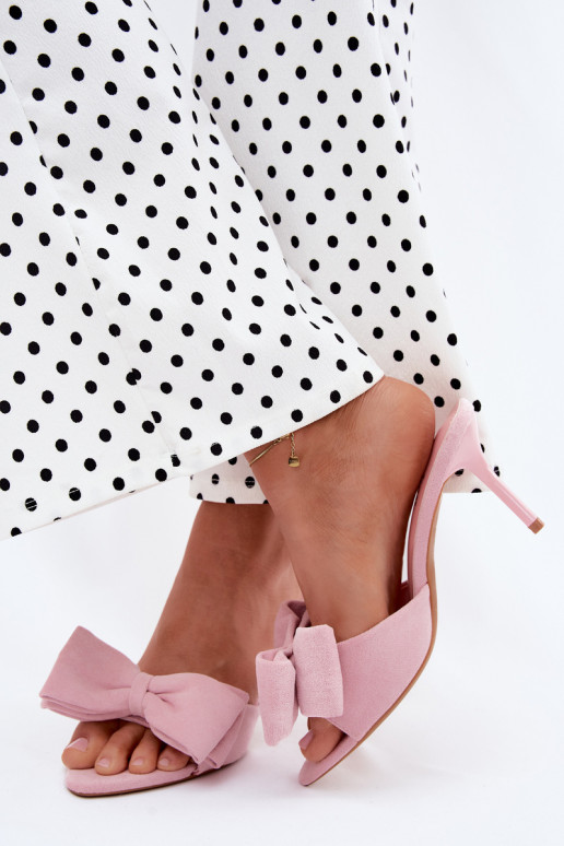 Roze dameslippers met dunne hakken en strikken van faux suede Tai turignolia