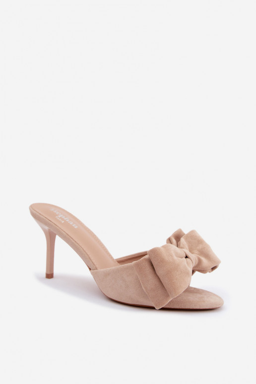Dames slippers met dunne hakken en strikken in zand faux suede Tai turignolia