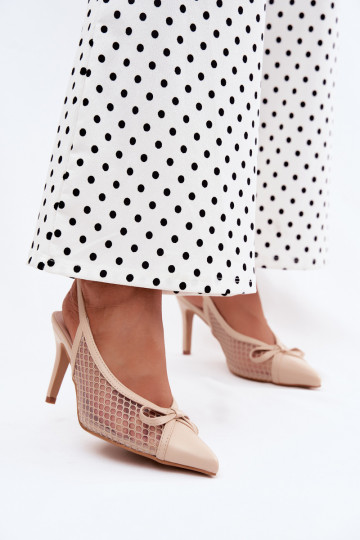Beige mesh sandalen met dunne hakken en strikken Moona