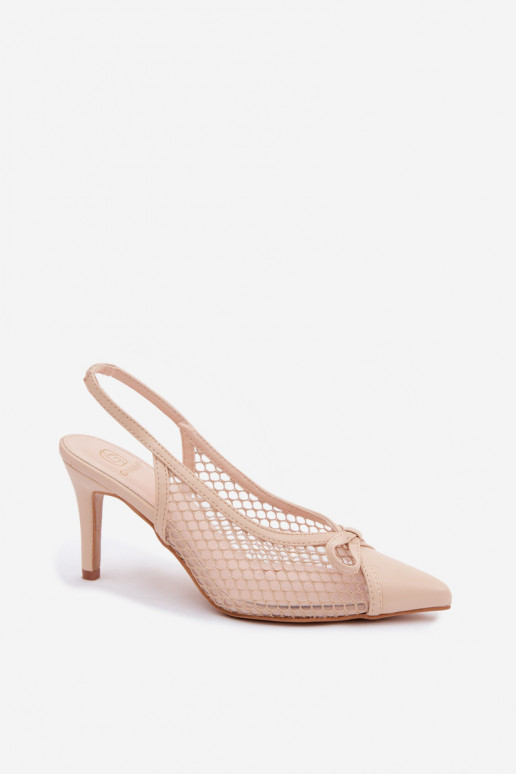 Beige mesh sandalen met dunne hakken en strikken Moona