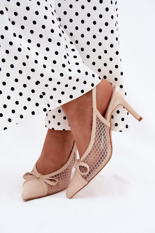 Beige mesh sandalen met dunne hakken en strikken Moona